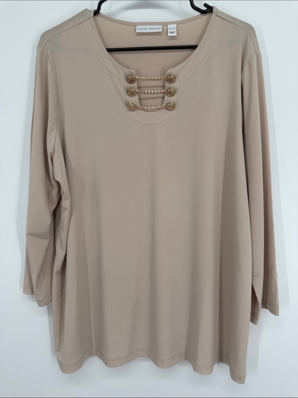 Susan Graver Women’s Liquid Knit Chain Detail Top NWT Size XL Sandbar Gold
